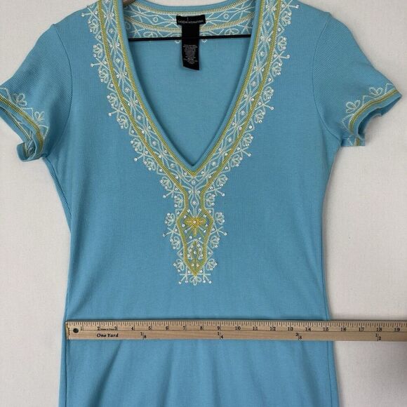 Moda‎ International Dress Womens Medium Blue Embroidered Y2K Beachy Boho Coastal - Picture 13 of 14